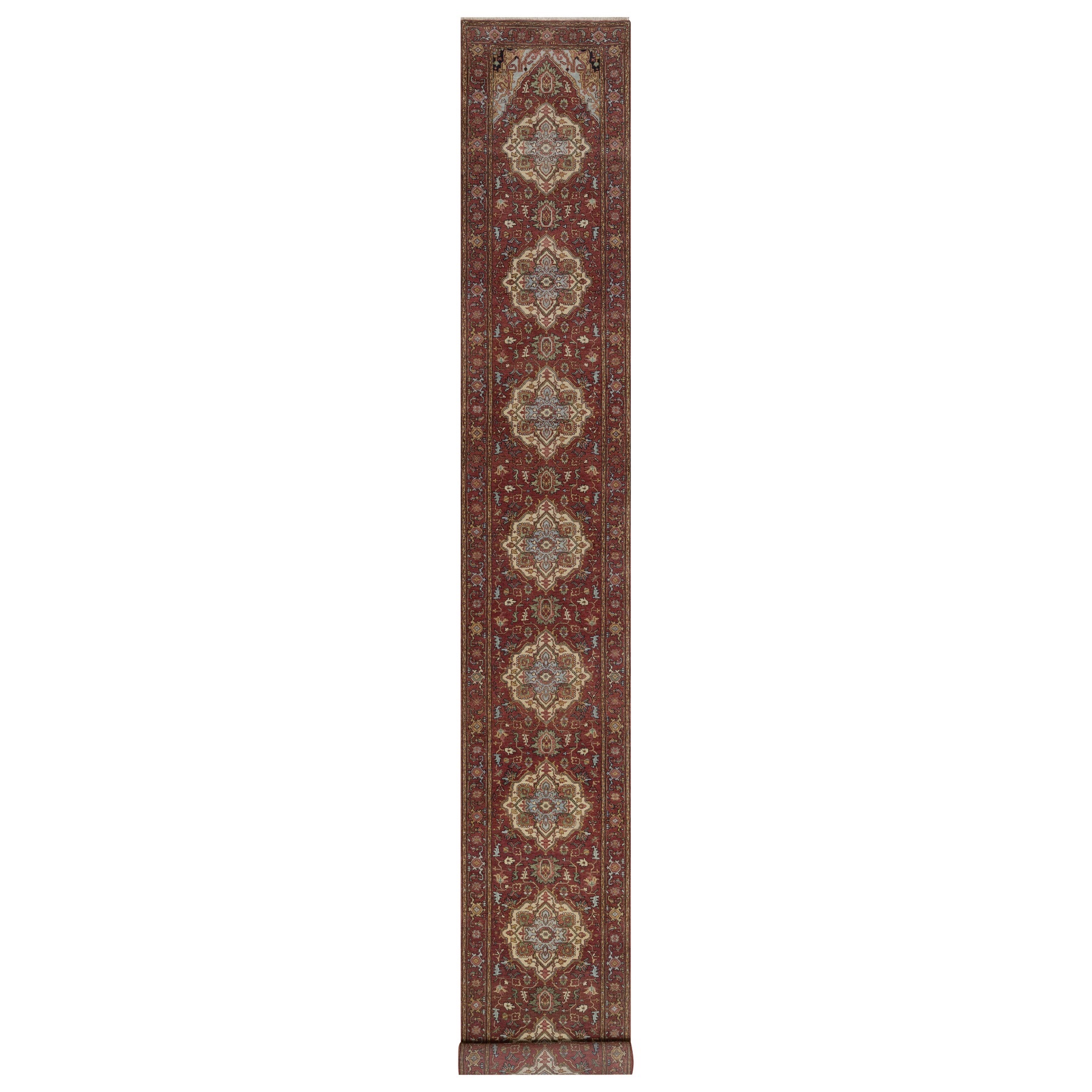 2'7"x20' Brick Red, Antiqued Fine Heriz Re-Creation, Medallions Design, Hand Knotted, Hand Spun New Zealand Wool, Denser Weave, Vegetable Dyes, XL Runner, Oriental Rug 
